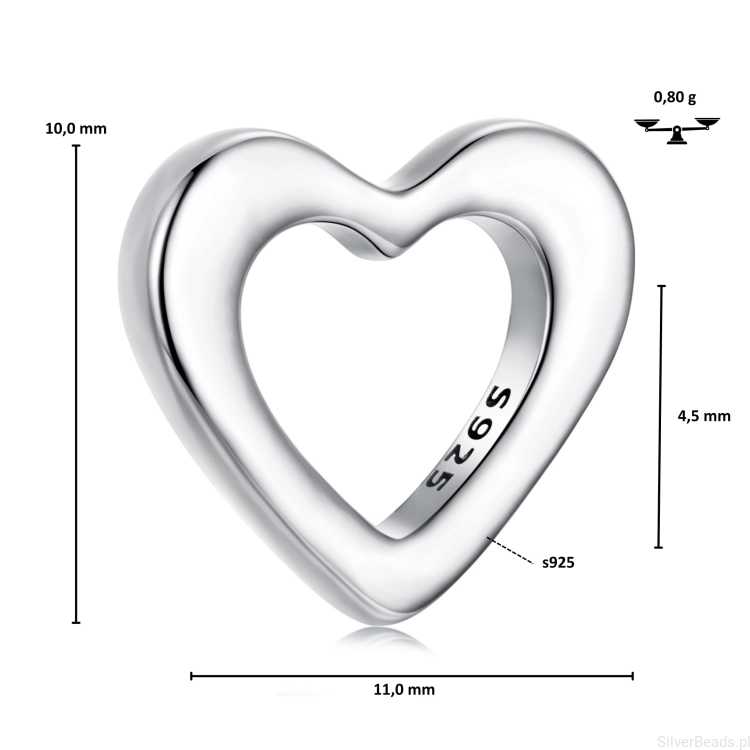 Wymiary koralika charms ze srebra próby 925 beads  SERDUSZKO