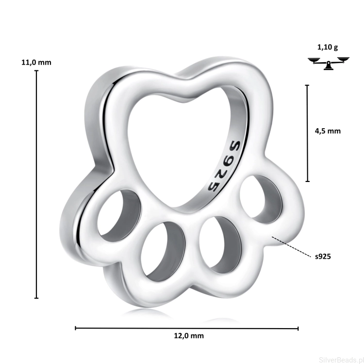 Wymiary koralika charms ze srebra próby 925 beads ŁAPKA