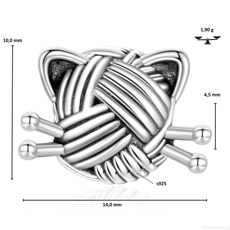 Wymiary koralika charms ze srebra próby 925 beads KOTEK z włóczki