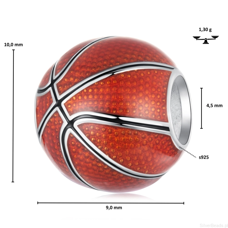 Wymiary koralika charms ze srebra próby 925 beads  PIŁKA DO KOSZYKÓWKI