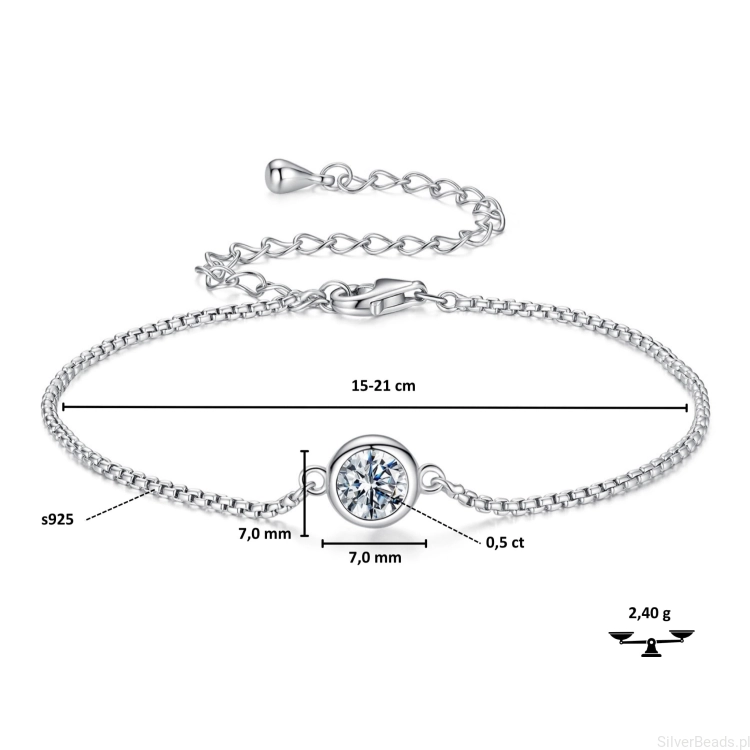 Wielkość ozdoby i rozmiar Srebrna klasyczna bransoletka z Moissanitem 0,5 ct