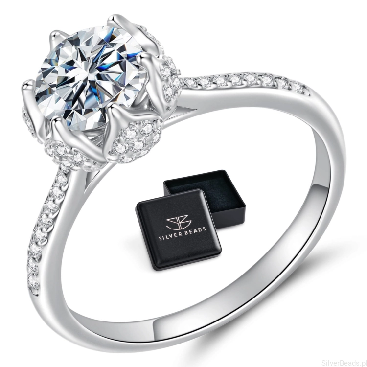 Eleganckie prezentowe pudełeczko gratis. Pierścionek ze srebra zaręczynowy z Moissanitem 1,0 ct