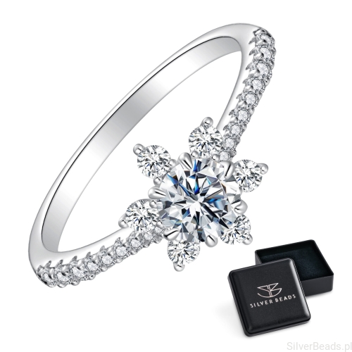 Eleganckie prezentowe pudełeczko gratis. Pierścionek ze srebra  płatek śniegu z Moissanitem 0,5 ct