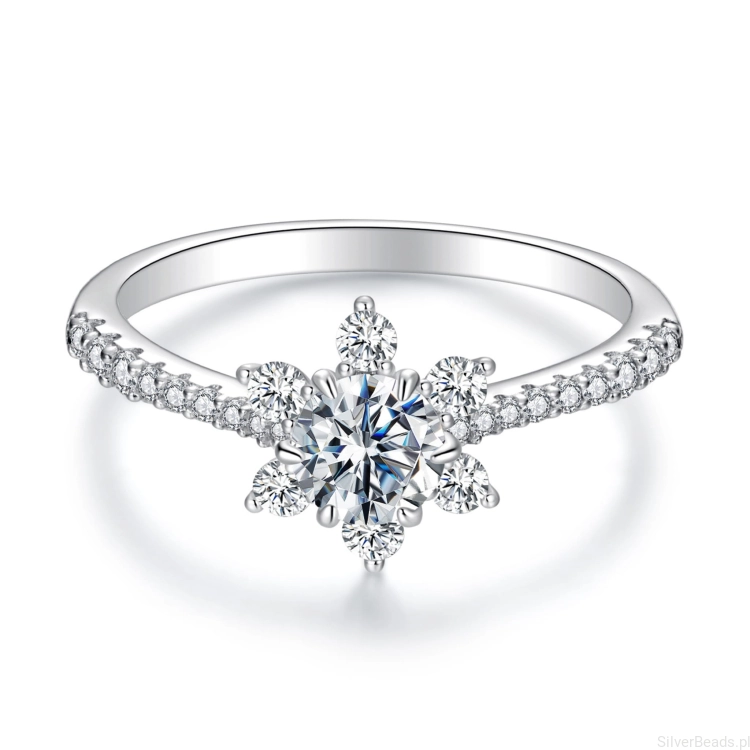 Eleganckie prezentowe pudełeczko gratis. Pierścionek ze srebra płatek śniegu z Moissanitem 0,5 ct