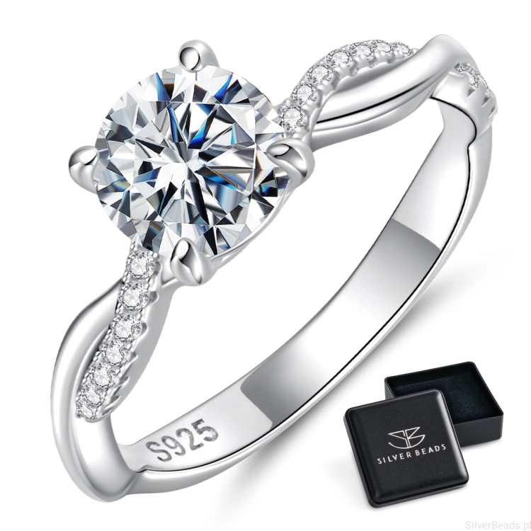 Eleganckie prezentowe pudełeczko gratis. Pierścionek ze srebra zakręcony z Moissanitem 1,0 ct