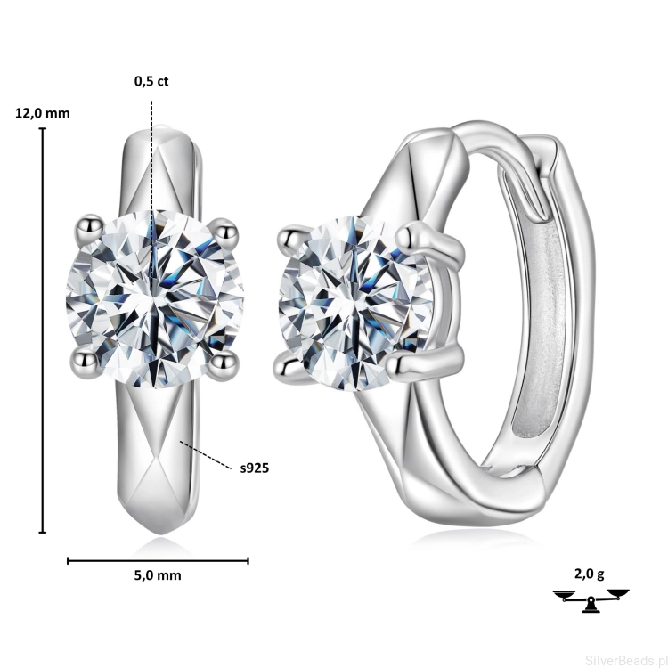 Wielkość i wymiary srebrnych kolczyków koła z błyszczącymi Moissanitami 0,5 ct