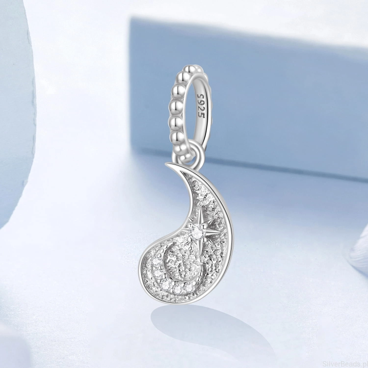 srebrny charms do bransoletki modułowej YIN YANG księżyc z kryształkami