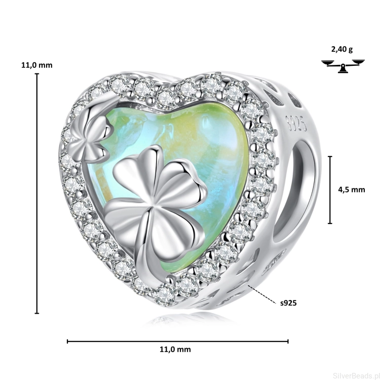 Wymiary koralika charms ze srebra próby 925 beads  opalizujące SERCE z koniczynkami