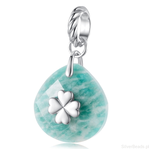 Srebrny charms kamień AMAZONIT z koniczynką beads srebro 925