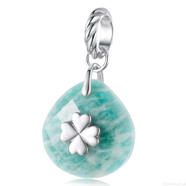 Srebrny charms kamień AMAZONIT z koniczynką beads srebro 925