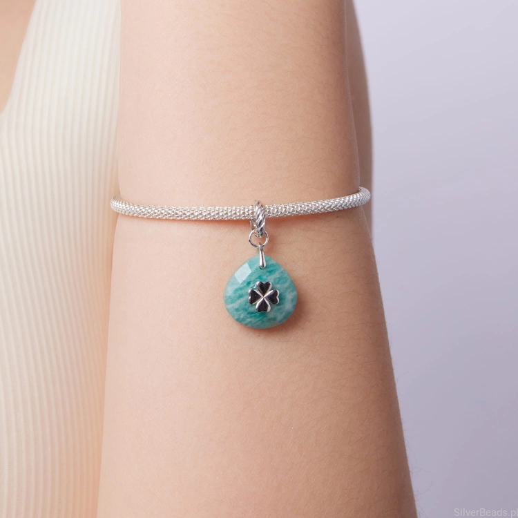 charms ze srebra do bransoletki pandora kamień AMAZONIT z koniczynką