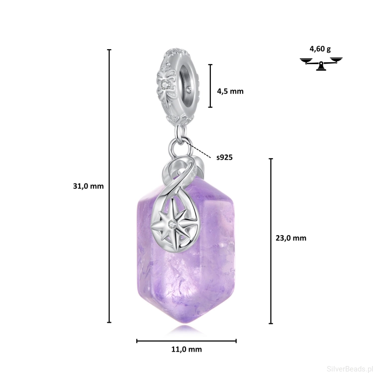 Wymiary zawieszki charms kamień AMETYST z gwiazdką