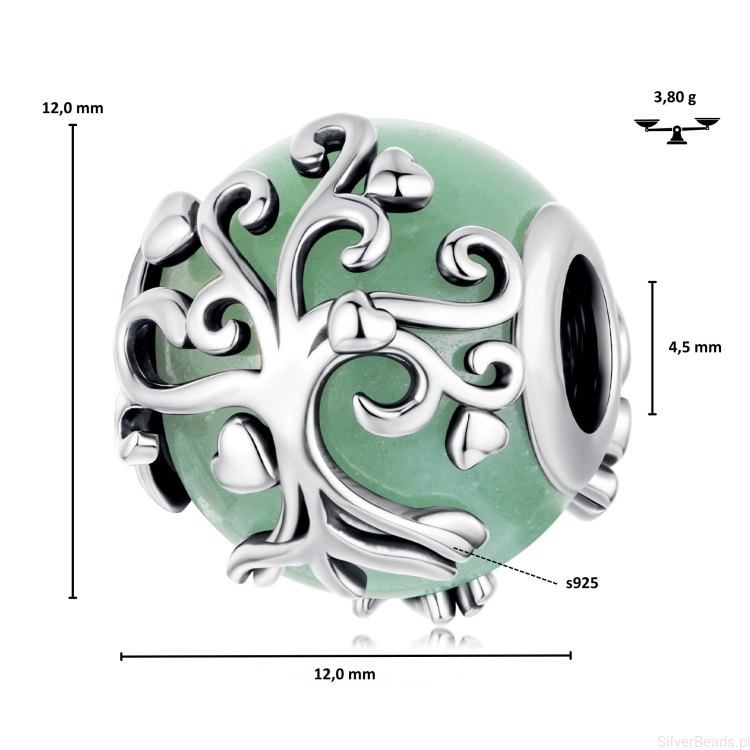 Wymiary koralika charms ze srebra próby 925 beads DRZEWO ŻYCIA z serduszkami