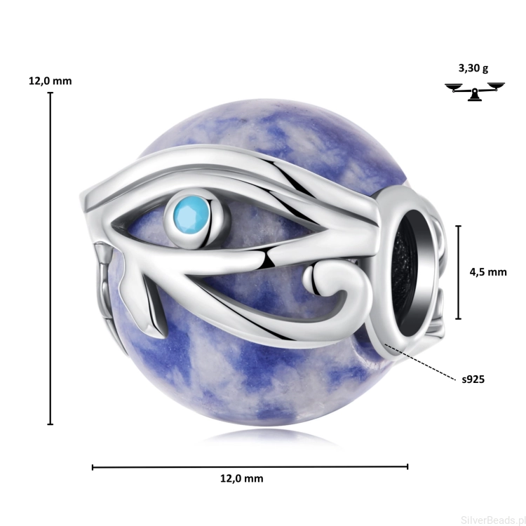 Wymiary koralika charms ze srebra próby 925 beads  OKO HORUSA