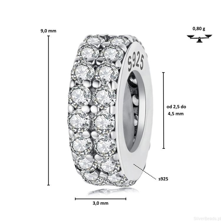 Wymiary koralika charms ze srebra próby 925 beads   KRYSZTAŁOWY stoper