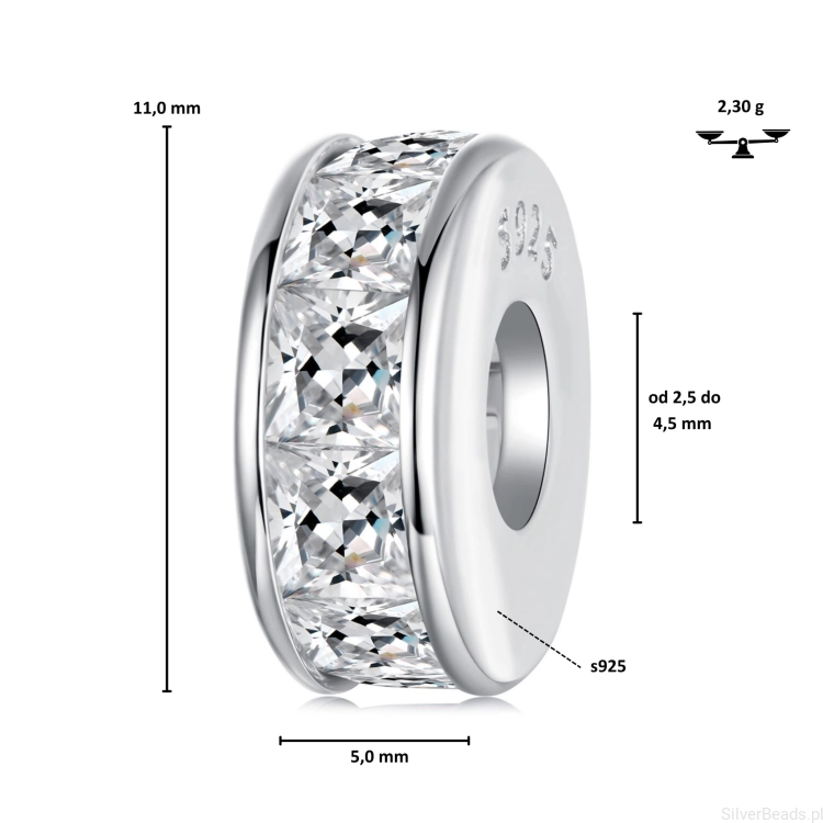 Wymiary koralika charms ze srebra próby 925 beads stoper w kwadratowe kryształki
