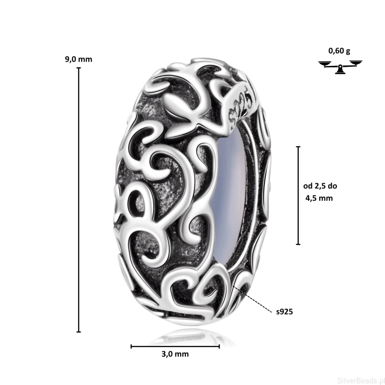 Wymiary koralika charms ze srebra próby 925 beads VINTAGE w roślinny wzór