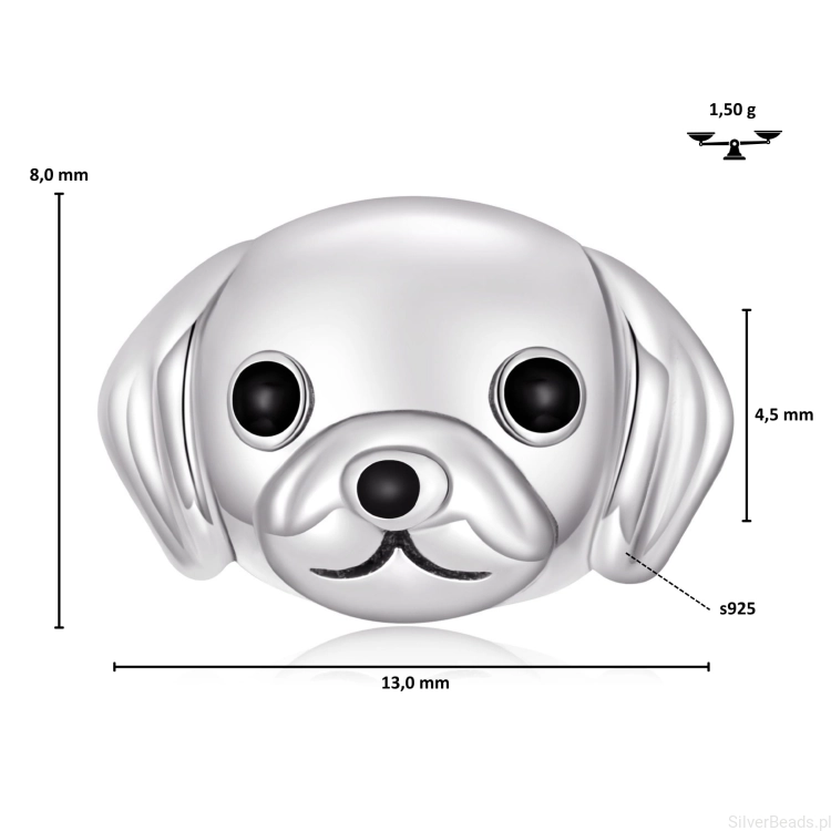 Wymiary koralika charms ze srebra próby 925 beads  piesek GOLDEN RETRIEVER