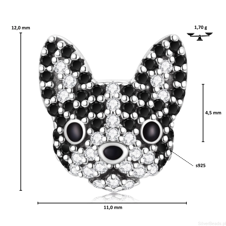 Wymiary koralika charms ze srebra próby 925 beads  piesek BOSTON TERRIER