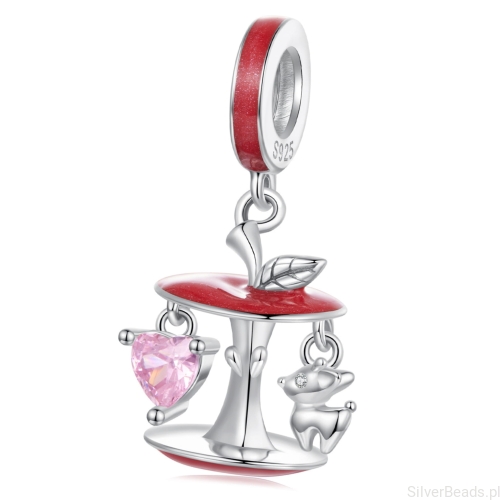 Srebrny charms jabłko z sarenką i serduszkiem zawieszka beads srebro 925