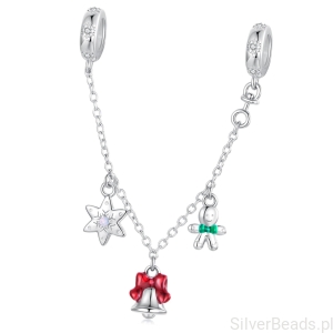 Łańcuszek zabezpieczający śnieżynka, piernik i dzwonek podwójny stoper charms srebro 925