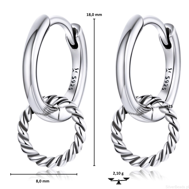 Wymiary wielkość srebrnych kolczyków. Kolczyki podwójne koła