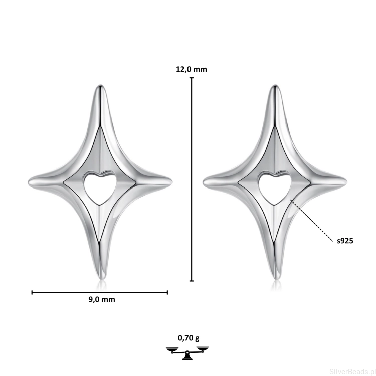 Srebrne gwiazdy z sercem – wyjątkowe kolczyki dla miłośniczek geometrycznych form.