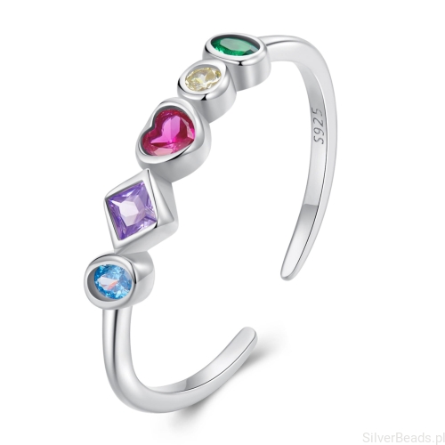 Pierścionek srebrny z wielobarwnymi kamieniami – symbol radości i harmonii.