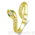 Złoty pierścionek w kształcie węża z zielonymi kamieniami