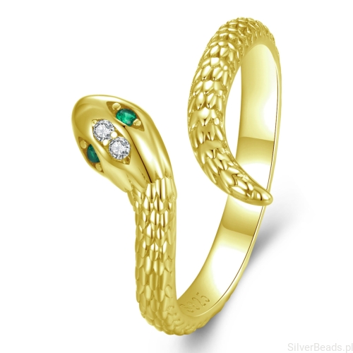 Złoty pierścionek w kształcie węża z zielonymi kamieniami