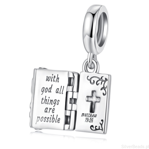 Srebrny charms Biblia z cytatem „With God all things are possible”.