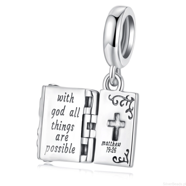 Srebrny charms Biblia z cytatem „With God all things are possible”.