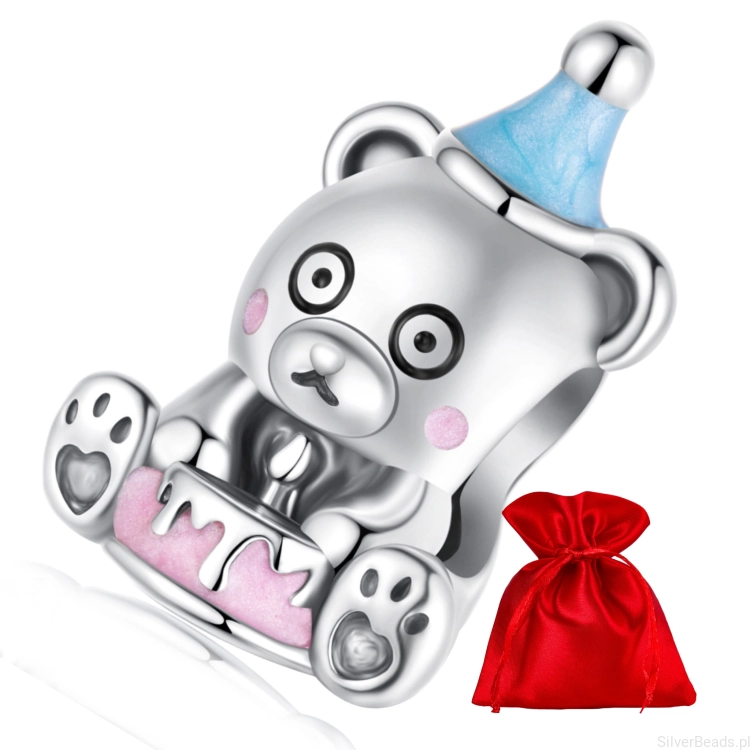 Uroczy miś z różowym tortem – idealny charms na urodzinowy prezent.