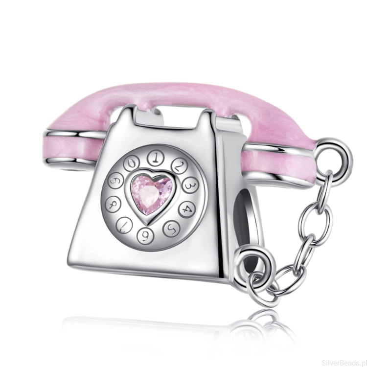 Srebrny charms w kształcie różowego telefonu retro z serduszkiem.