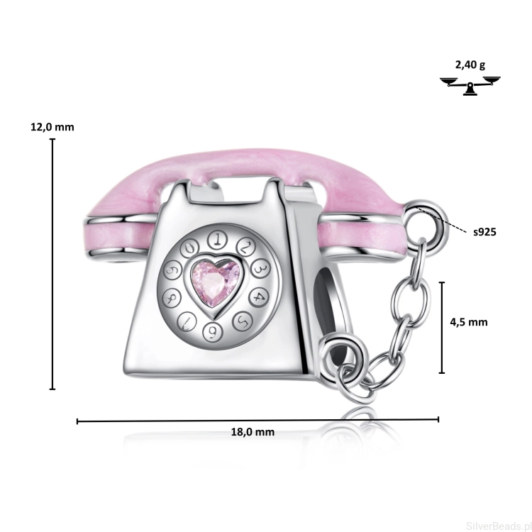 Charms telefon retro w pastelowym różu z kryształkiem w kształcie serca.