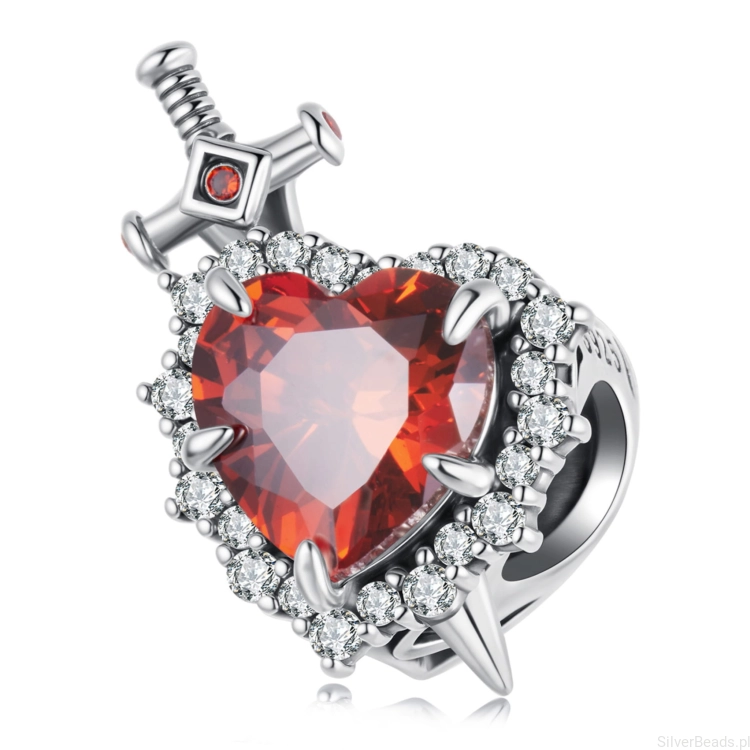 Srebrny charms „Serce z Mieczem” z ognistym czerwonym kamieniem.