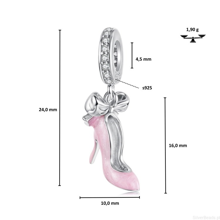 Elegancka różowa szpilka z kokardką jako charms do bransoletki.