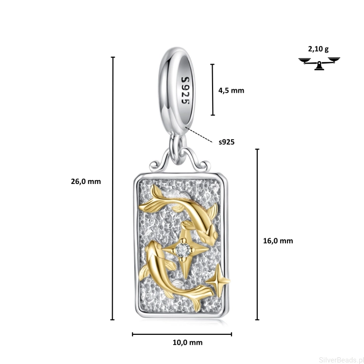 Charms z motywem znaku zodiaku Ryby z błyszczącą gwiazdą.
