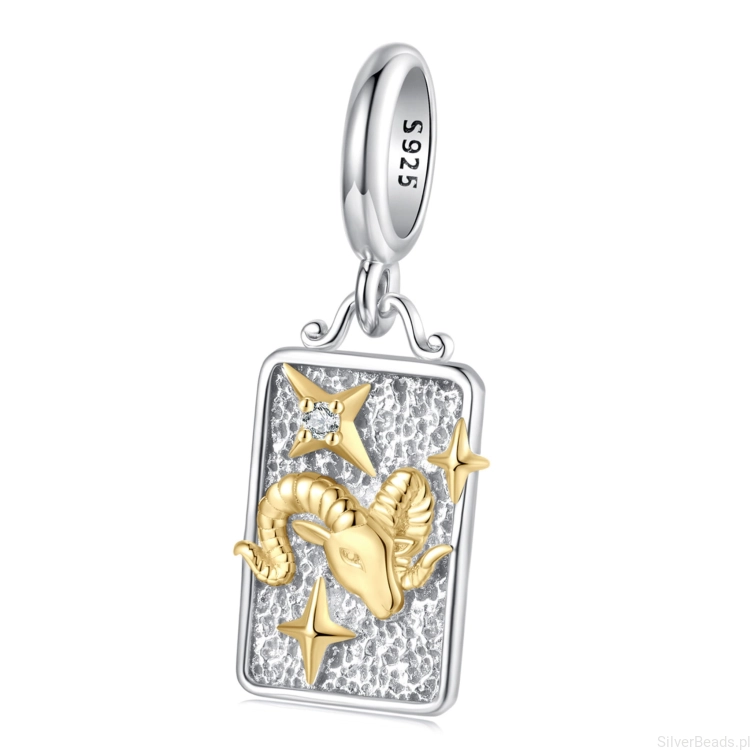Srebrny charms Baran ze złotym symbolem zodiaku.