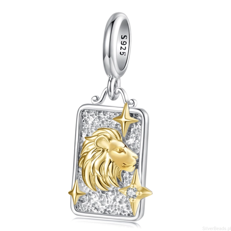 Srebrny charms lew ze złotym symbolem zodiaku.