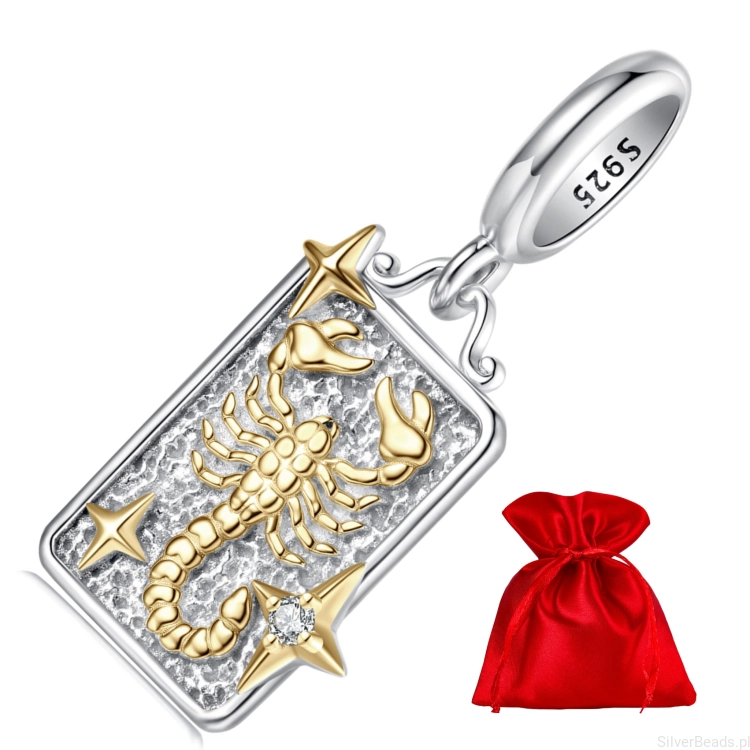 Charms skorpion z błyszczącą cyrkonią i gwiazdami.