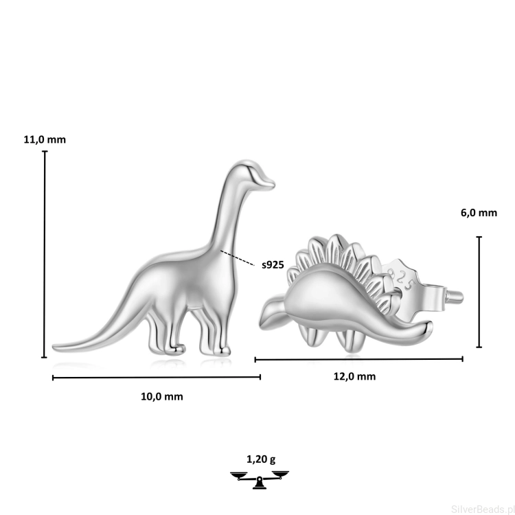 kolczyki z dinozaurami asymetryczne