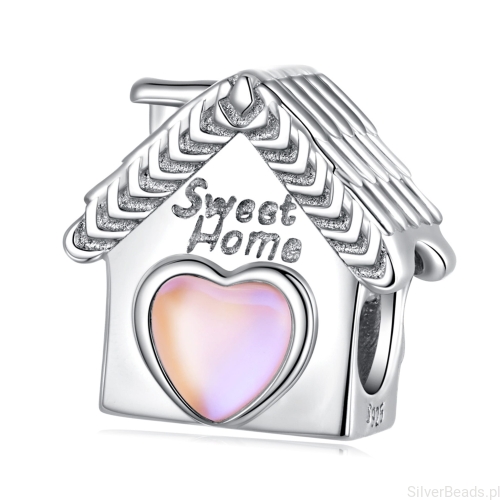 Srebrny charms domek sweet home z różowym sercem.