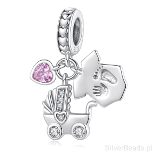 Srebrny charms WÓZEK z serduszkiem i ubrankiem zawieszka beads srebro 925
