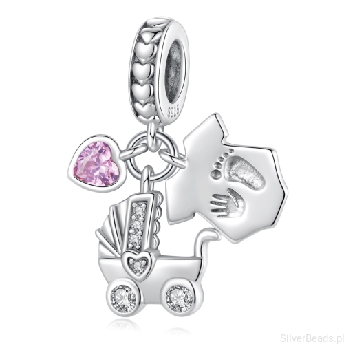 srebrny charms wózek dziecięcy z różowym serduszkiem