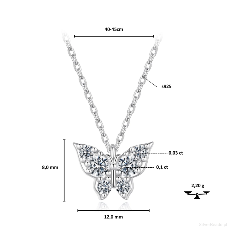 Elegancki wisiorek motyl z kamieniami moissanite.