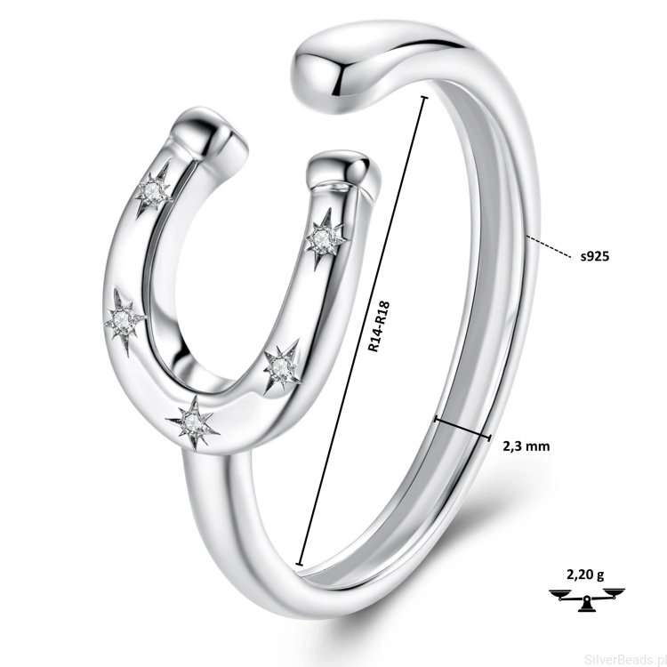 Srebrny open ring podkowa – symbol ochrony i pomyślności.