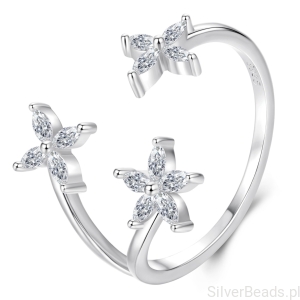 Srebrny pierścionek regulowany z KRYSZTAŁOWYMI KWIATAMI srebro 925