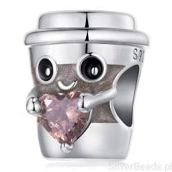 Charms kubek kawy z sercem – srebrna zawieszka 925 z różowym kamieniem