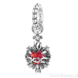 Charms serce z płomieniem i koroną cierniową – srebrna zawieszka 925 z czerwonym kamieniem
